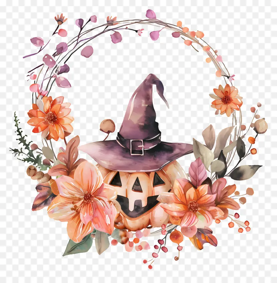 Couronne D'halloween，Citrouille Avec Chapeau De Sorcière PNG