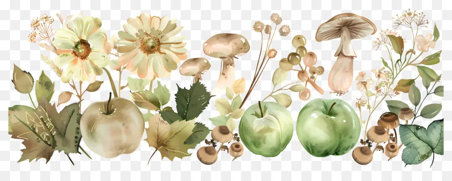 Fond D'automne，Pommes Vertes Et Champignons PNG