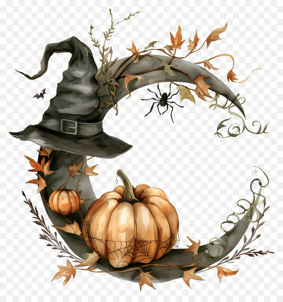 Couronne D'halloween，Citrouille Avec Chapeau De Sorcière PNG