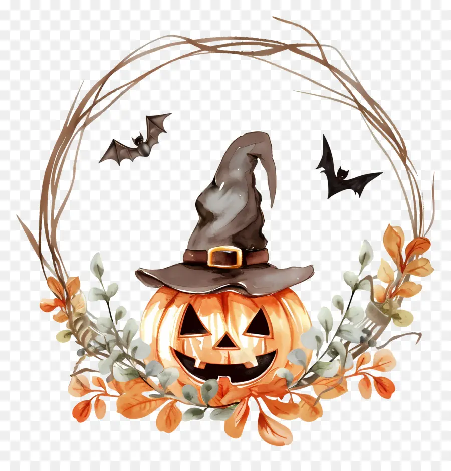 Couronne D'halloween，Citrouille Avec Chapeau De Sorcière PNG