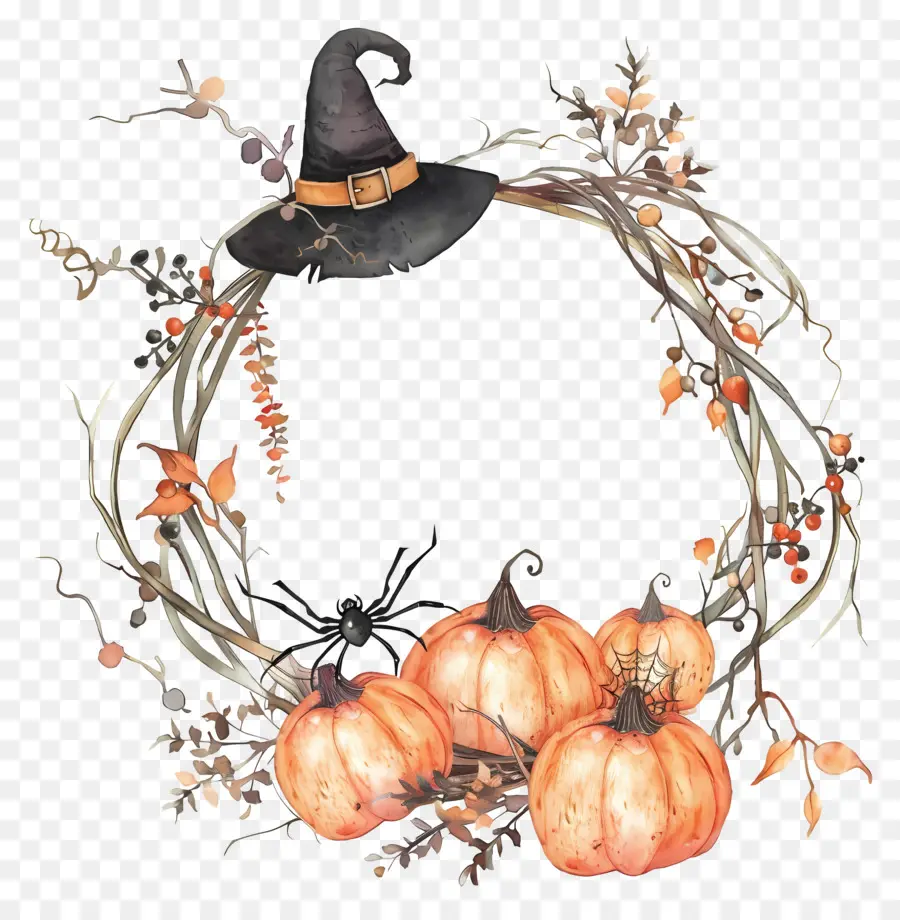 Couronne D'halloween，Citrouille Avec Chapeau De Sorcière PNG