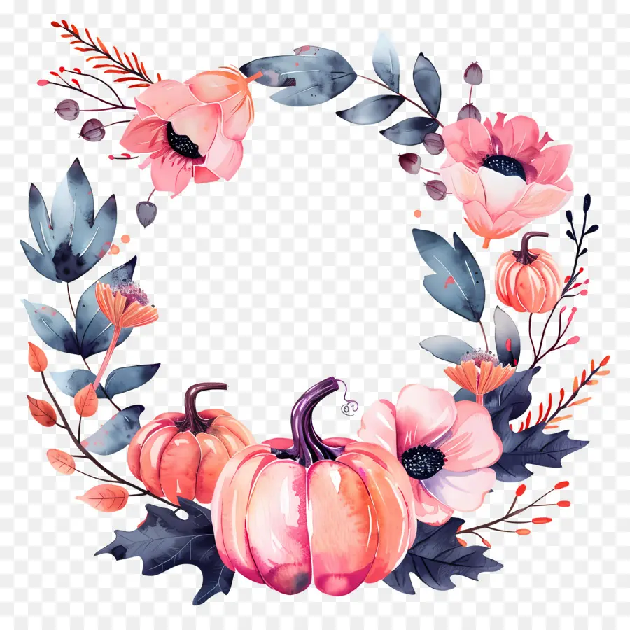 Couronne D'halloween，Citrouilles Et Fleurs PNG