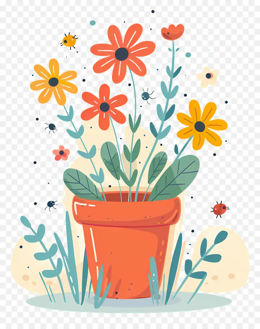 Pot De Fleur，Coccinelles PNG