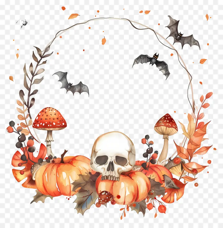 Couronne D'halloween，Couronne Avec Crâne Et Citrouilles PNG