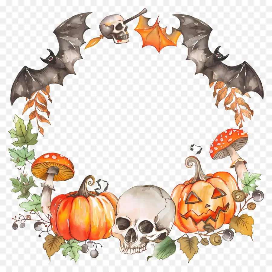 Couronne D'halloween，Couronne Avec Crâne Et Citrouilles PNG