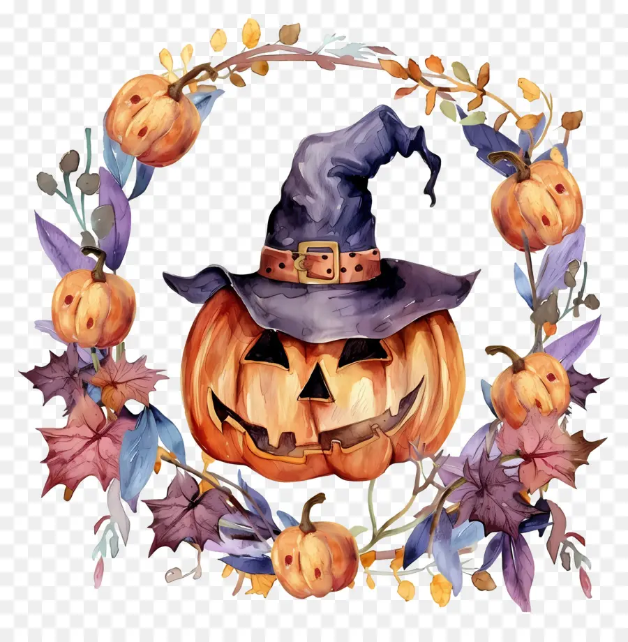 Couronne D'halloween，Citrouille Avec Chapeau De Sorcière PNG