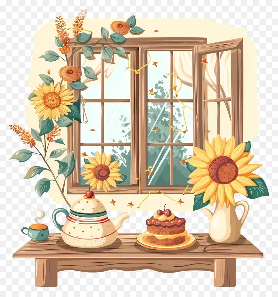 Fenêtre De Dessin Animé，Fenêtre Avec Tournesols PNG