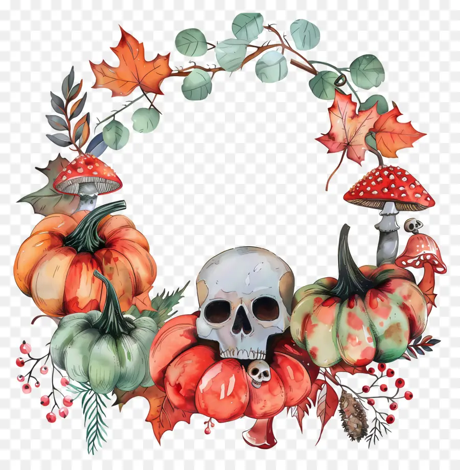 Couronne D'halloween，Couronne Avec Crâne Et Citrouilles PNG