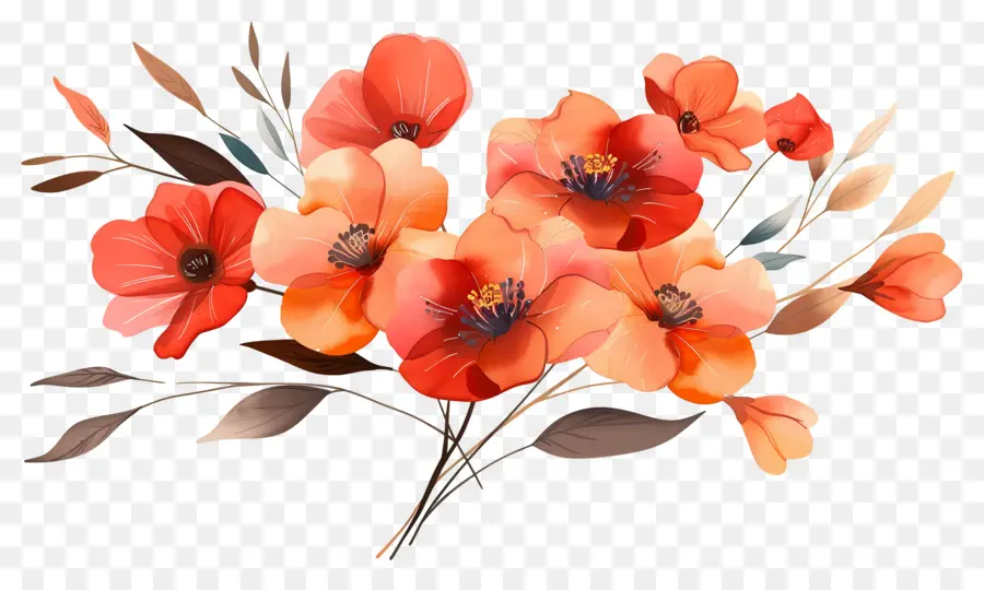 Fleurs D'automne，Fleurs Orange Et Rouges PNG