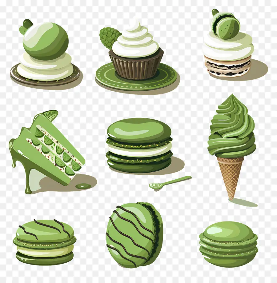 Desserts Au Matcha，Macarons Verts Et Glace PNG