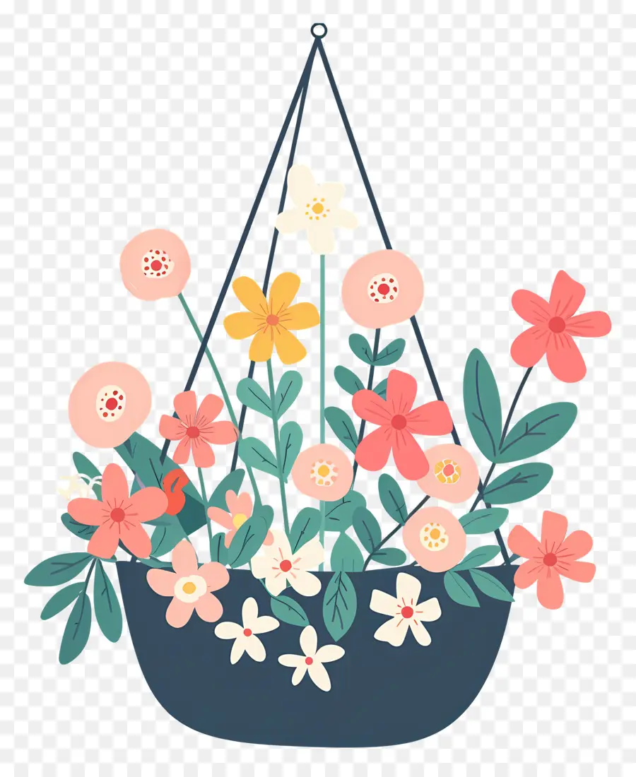 Fleurs Suspendues，Panier Suspendu Avec Fleurs Pastel PNG