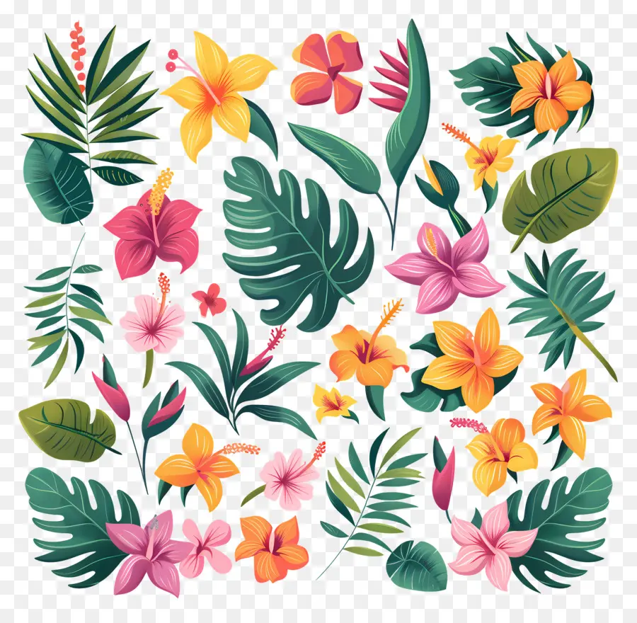 Fleurs Tropicales，Feuilles Et Fleurs Tropicales PNG