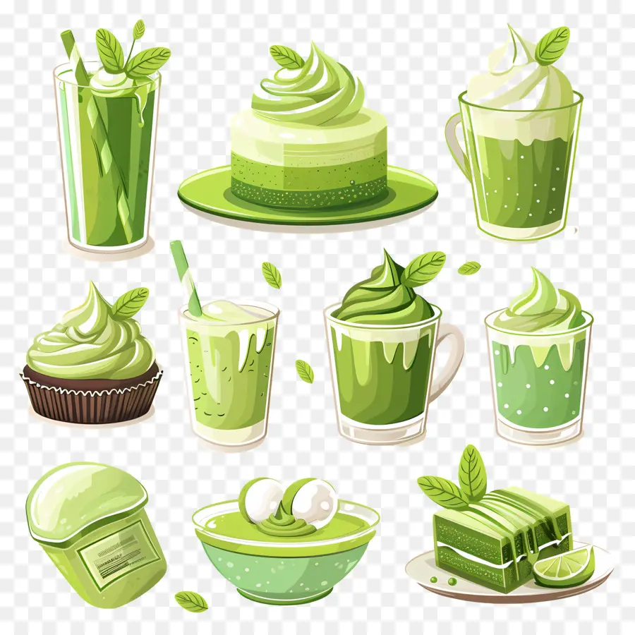 Desserts Au Matcha，Cupcakes Et Macarons Verts PNG