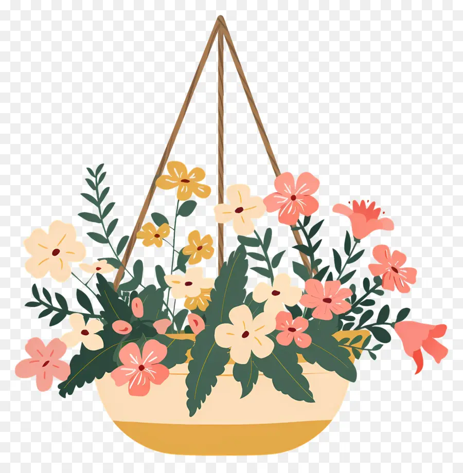 Fleurs Suspendues，Panier Suspendu Avec Des Fleurs Colorées PNG