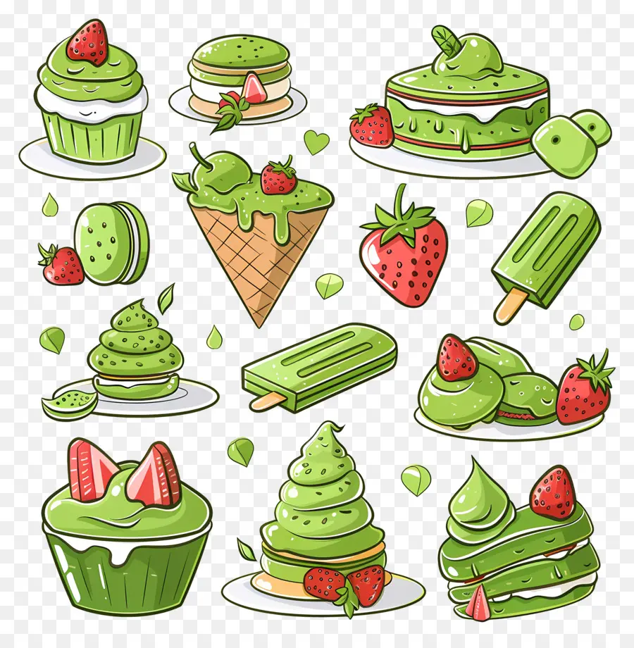 Dessert Au Matcha，Glace Fraise Et Verte PNG