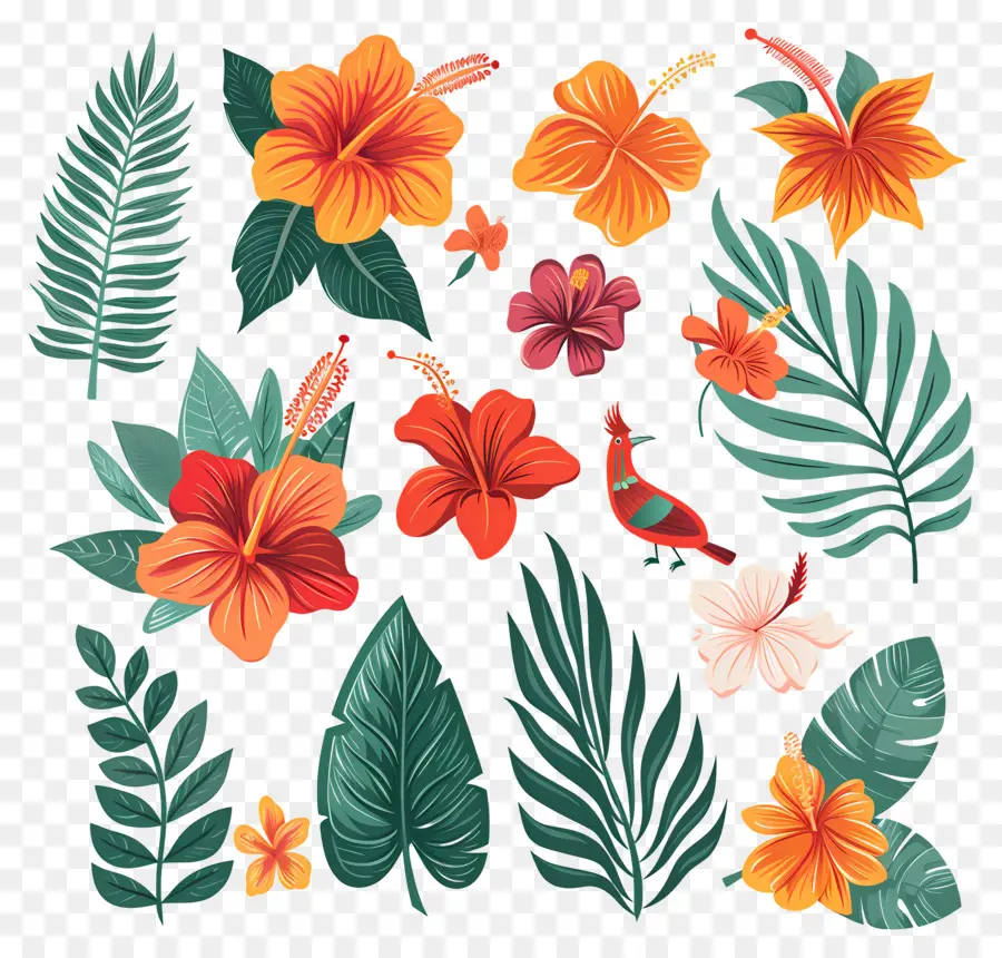 Fleurs Tropicales，Feuilles Et Fleurs Tropicales PNG