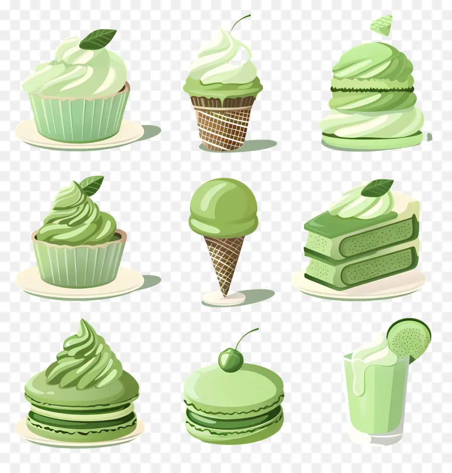 Desserts Au Matcha，Macarons Verts Et Glace PNG