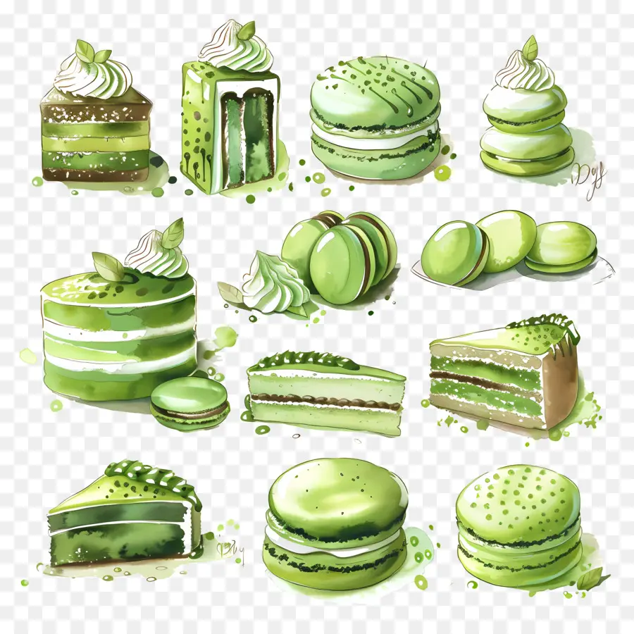 Desserts Au Matcha，Macarons Verts Et Citron Vert PNG