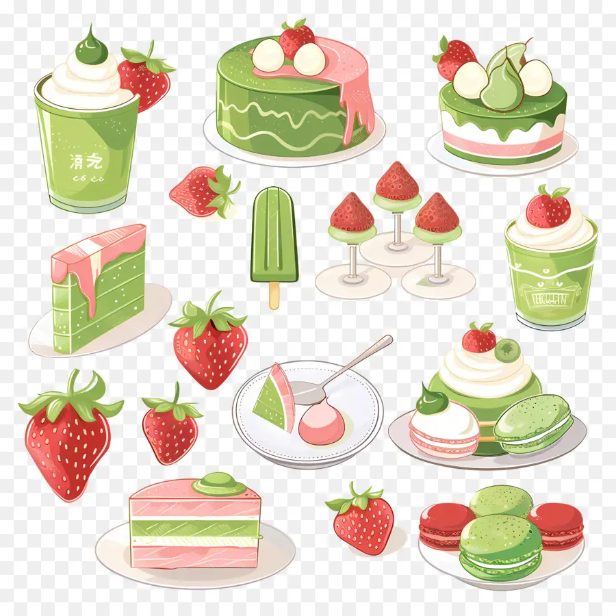 Dessert Au Matcha，Desserts Aux Fraises Et Verts PNG