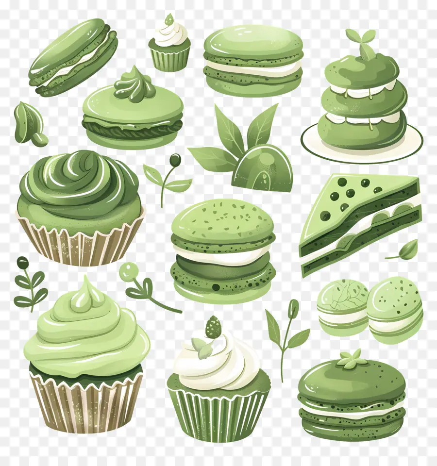 Desserts Au Matcha，Cupcakes Et Macarons Verts PNG