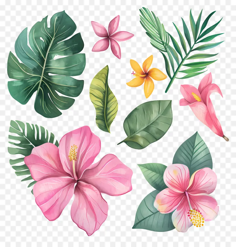 Fleurs Tropicales，Feuilles Et Fleurs Tropicales PNG