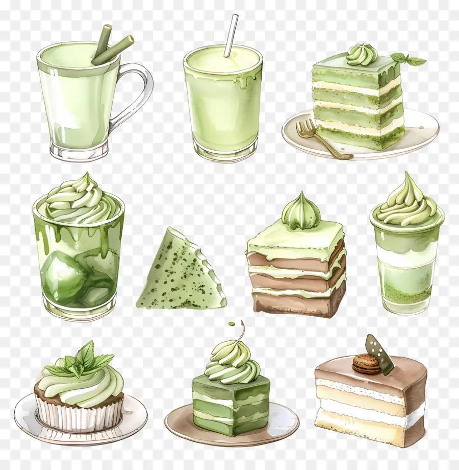 Desserts Au Matcha，Gâteaux Verts Et Boissons PNG