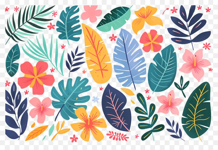 Fleurs Tropicales，Feuilles Et Fleurs Tropicales PNG