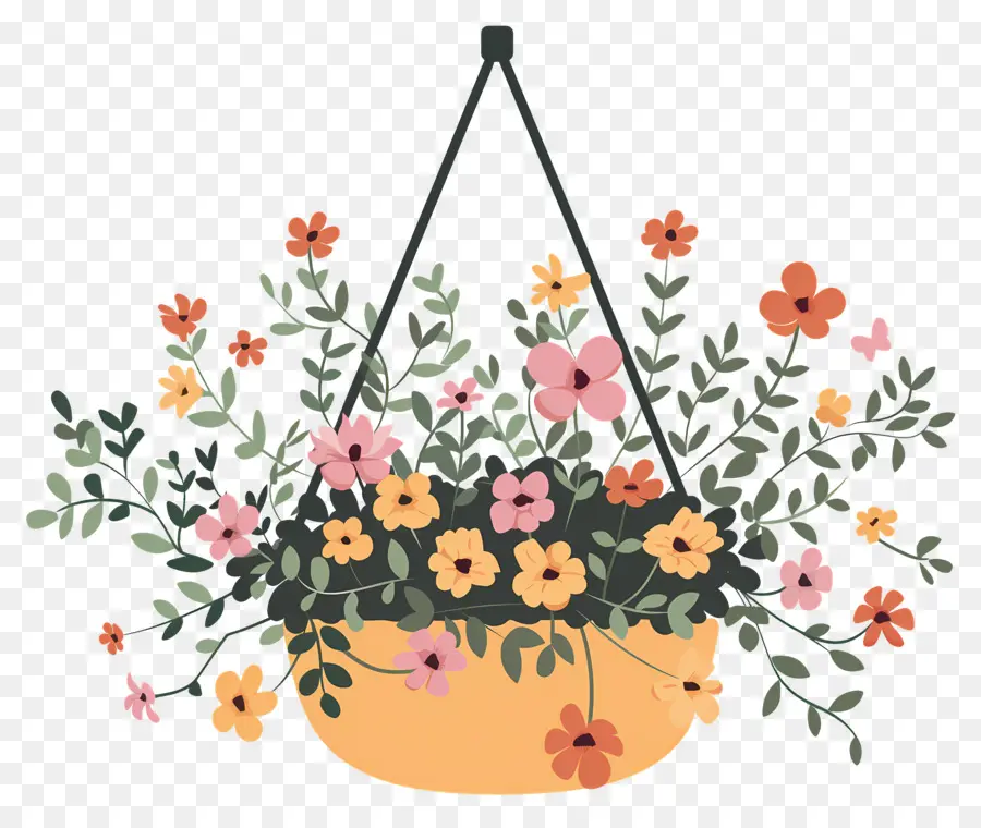 Fleurs Suspendues，Panier Suspendu Avec Fleurs Pastel PNG