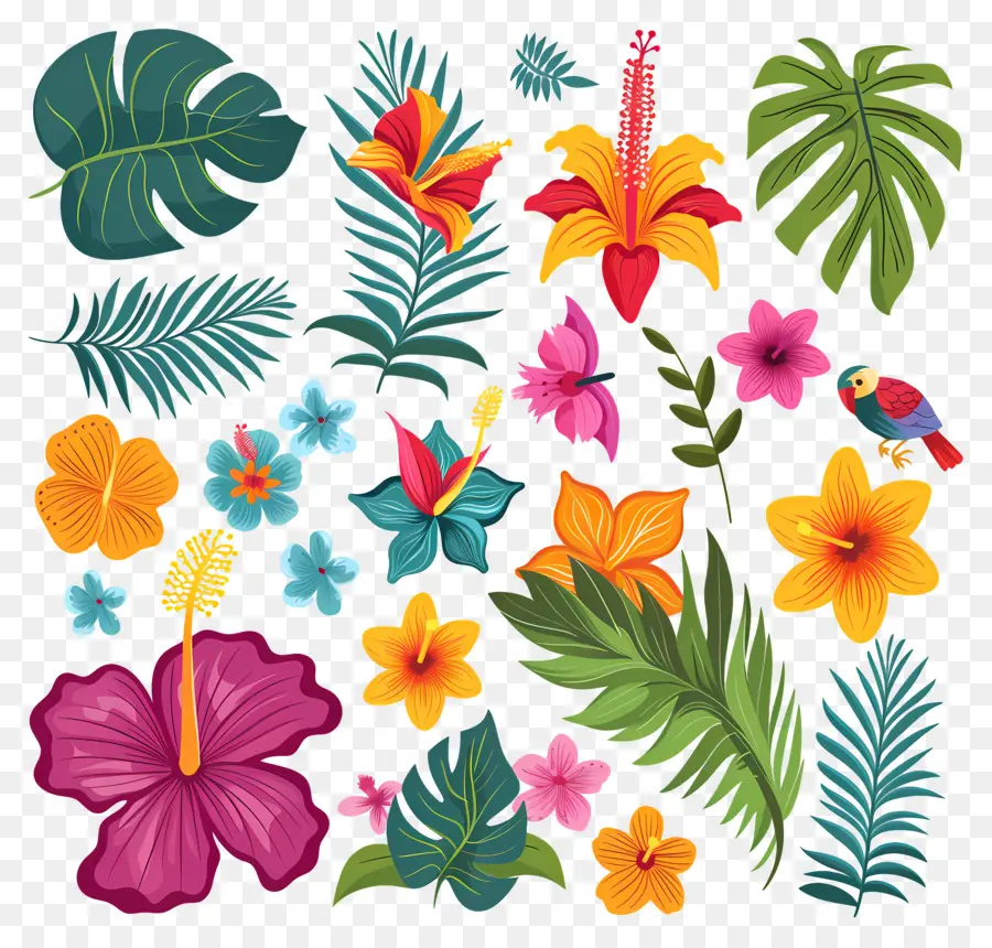 Fleurs Tropicales，Feuilles Et Fleurs Tropicales PNG