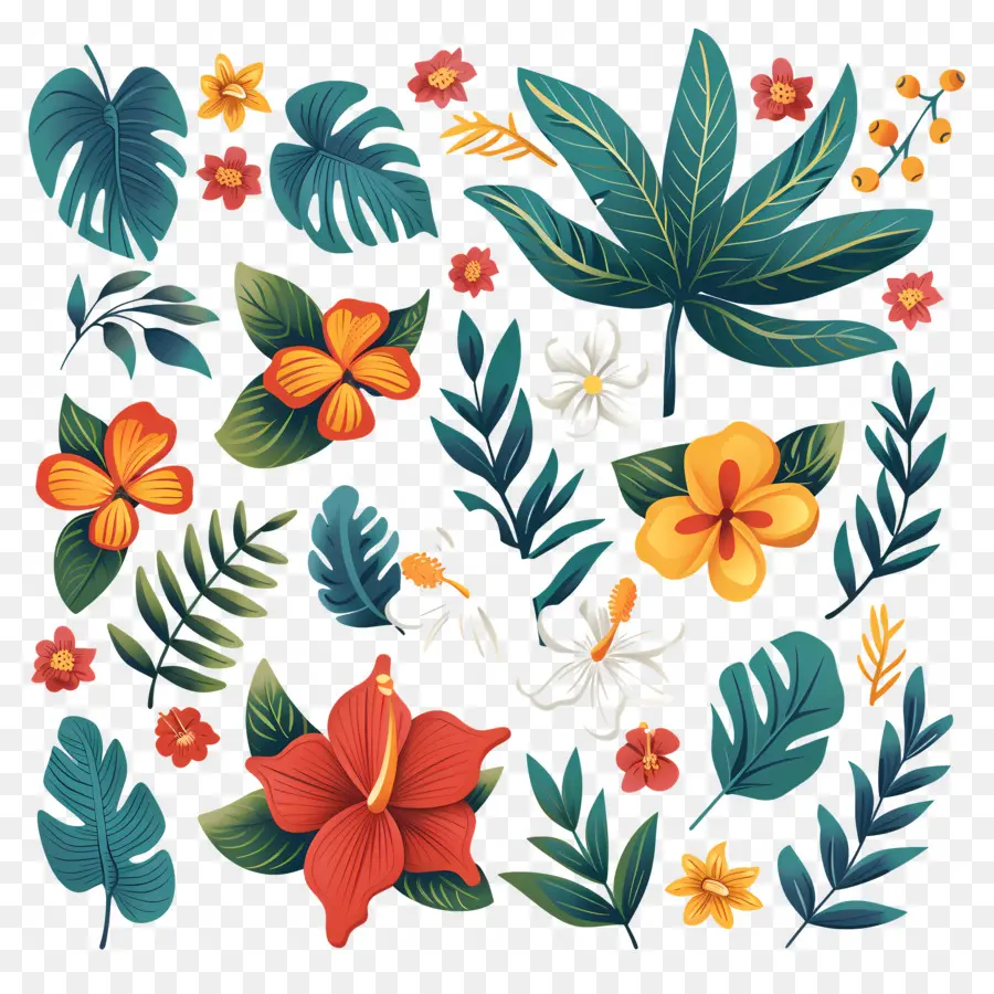 Fleurs Tropicales，Feuilles Et Fleurs Tropicales PNG