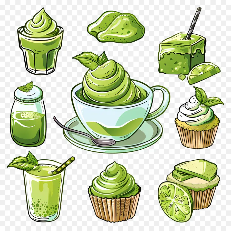 Desserts Au Matcha，Desserts Et Boissons Verts PNG