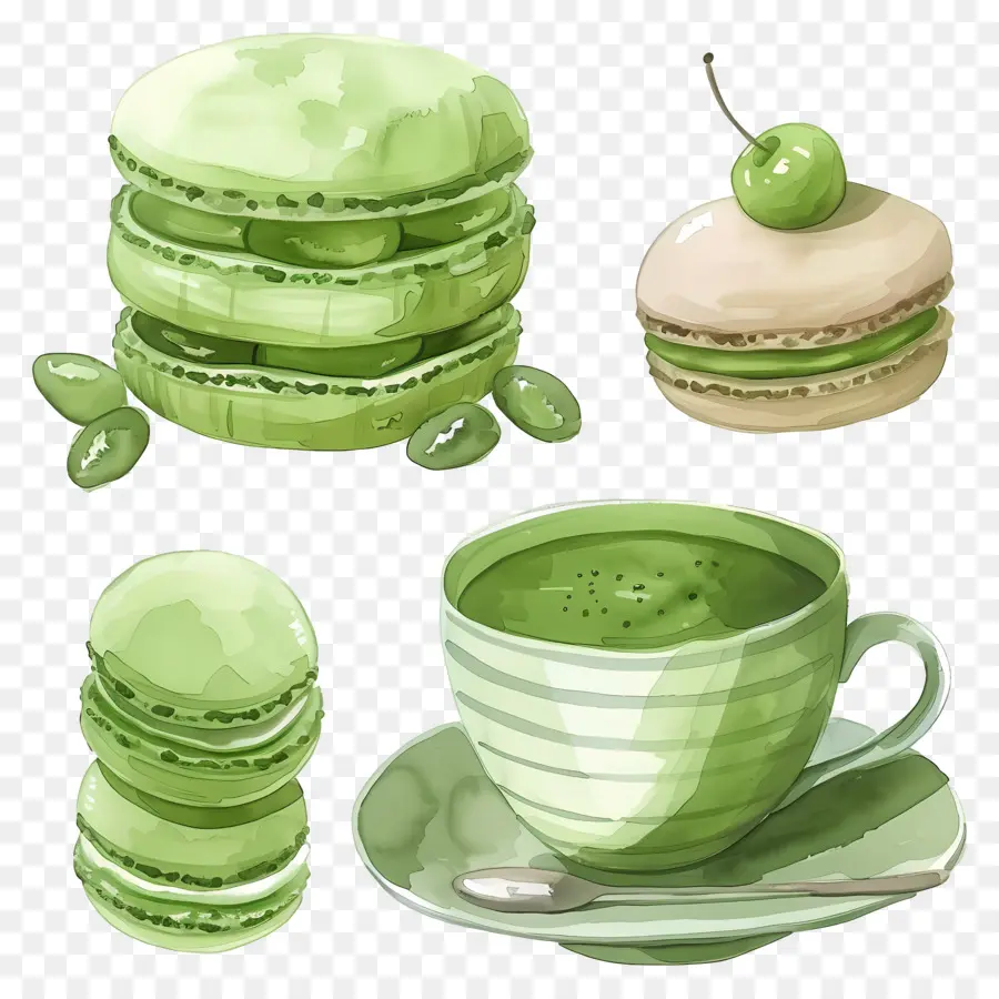 Desserts Au Matcha，Macarons Verts Et Thé PNG