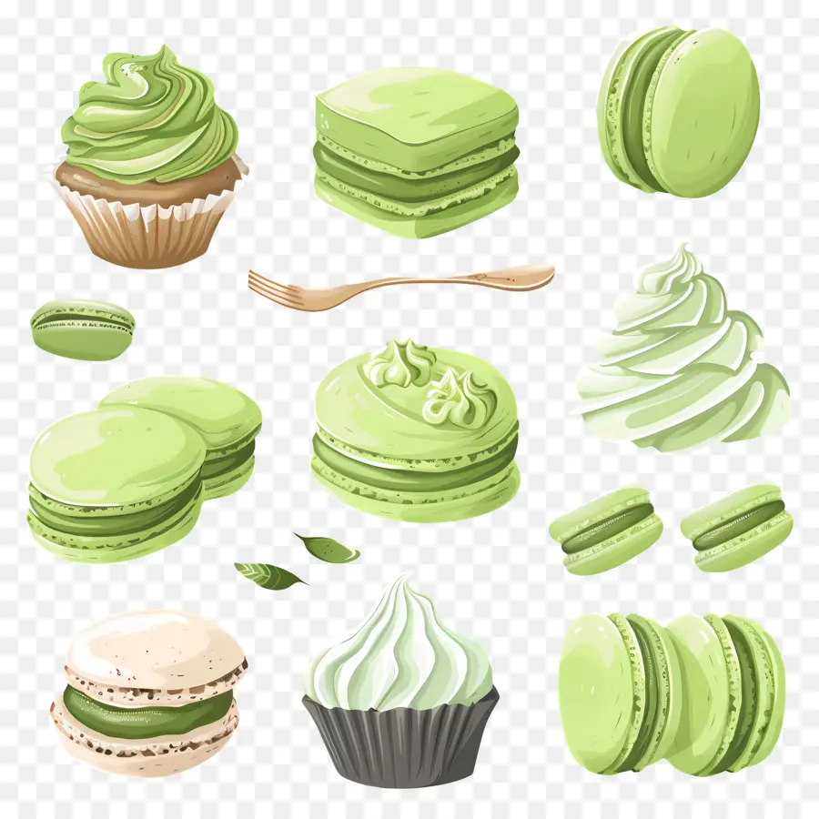 Desserts Au Matcha，Macarons Verts Et Gâteau PNG