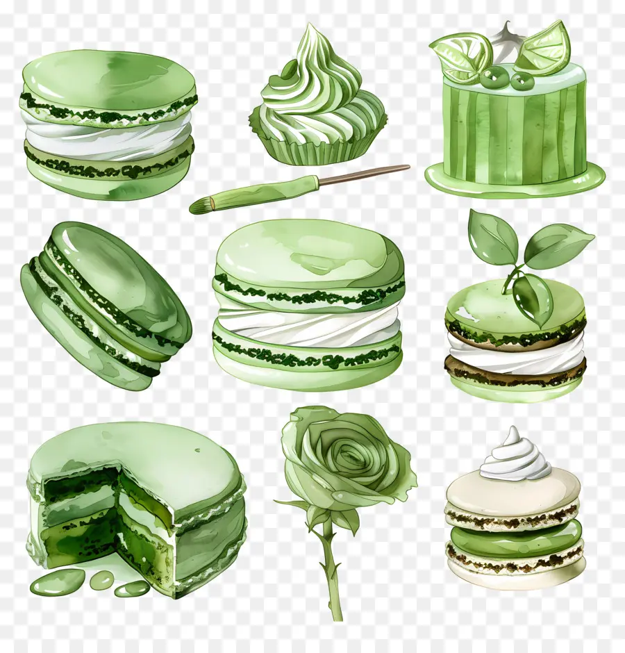 Desserts Au Matcha，Macarons Verts Et Gâteau PNG