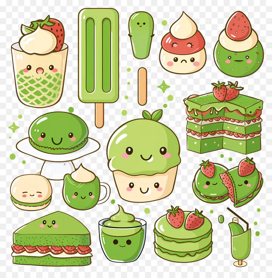 Dessert Au Matcha，Mignons Desserts Verts Et Fraises PNG