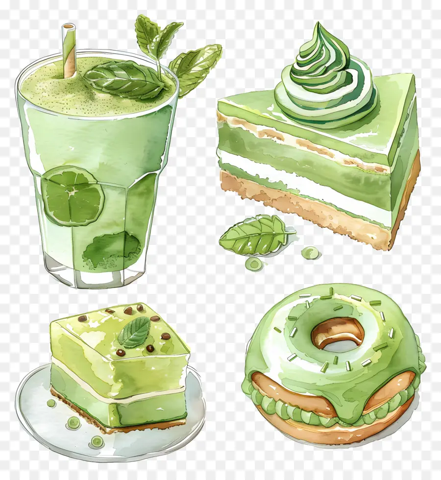 Desserts Au Matcha，Gâteaux Verts Et Boissons PNG