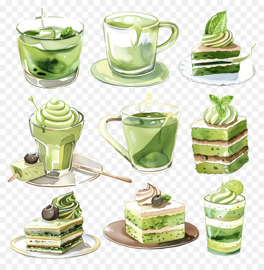 Desserts Au Matcha，Gâteaux Verts Et Boissons PNG