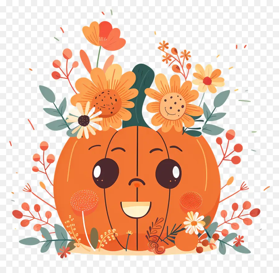 Fleurs D'automne，Citrouille Avec Des Fleurs PNG