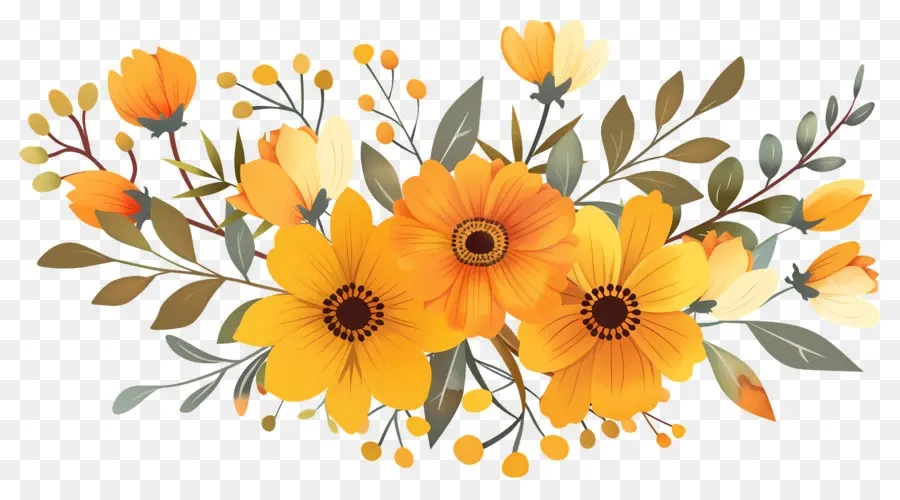 Fleurs D'automne，Fleurs Jaunes Et Oranges PNG