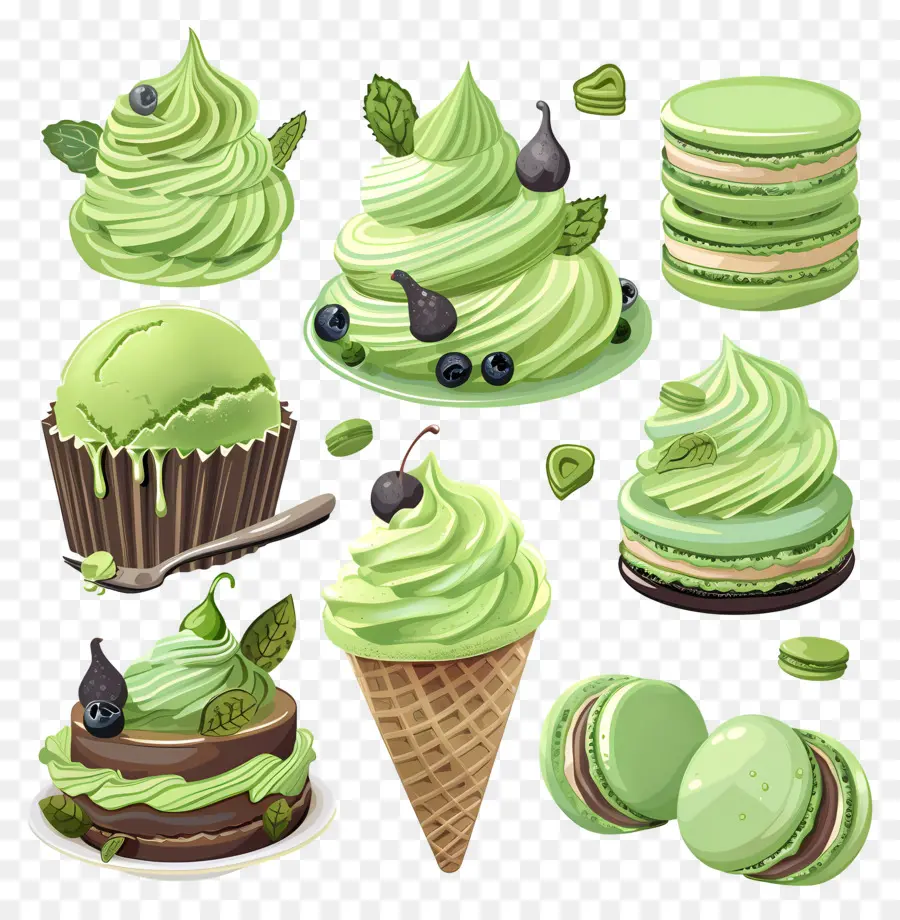 Desserts Au Matcha，Macarons Verts Et Glace PNG