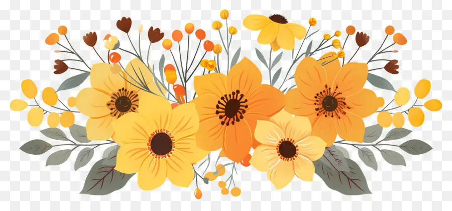 Fleurs D'automne，Fleurs Jaunes Et Bleues PNG