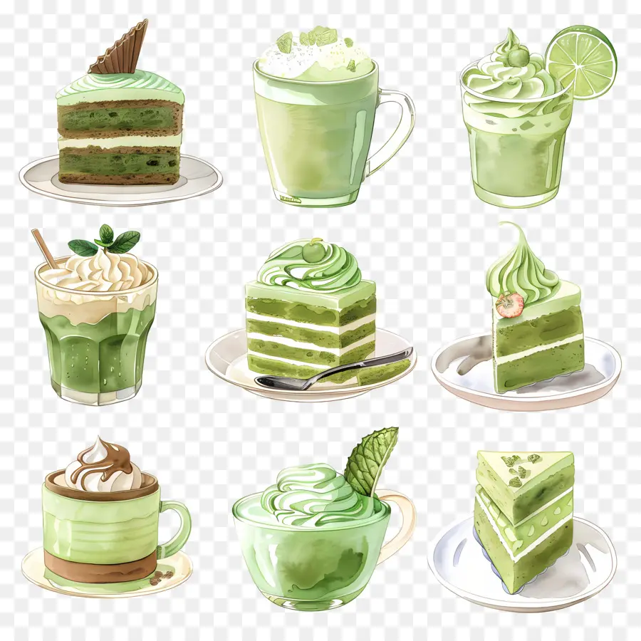 Desserts Au Matcha，Gâteaux Verts Et Boissons PNG