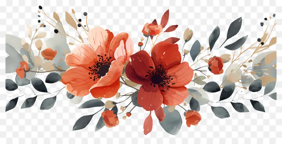 Fleurs D'automne，Fleurs Orange Et Rouges PNG