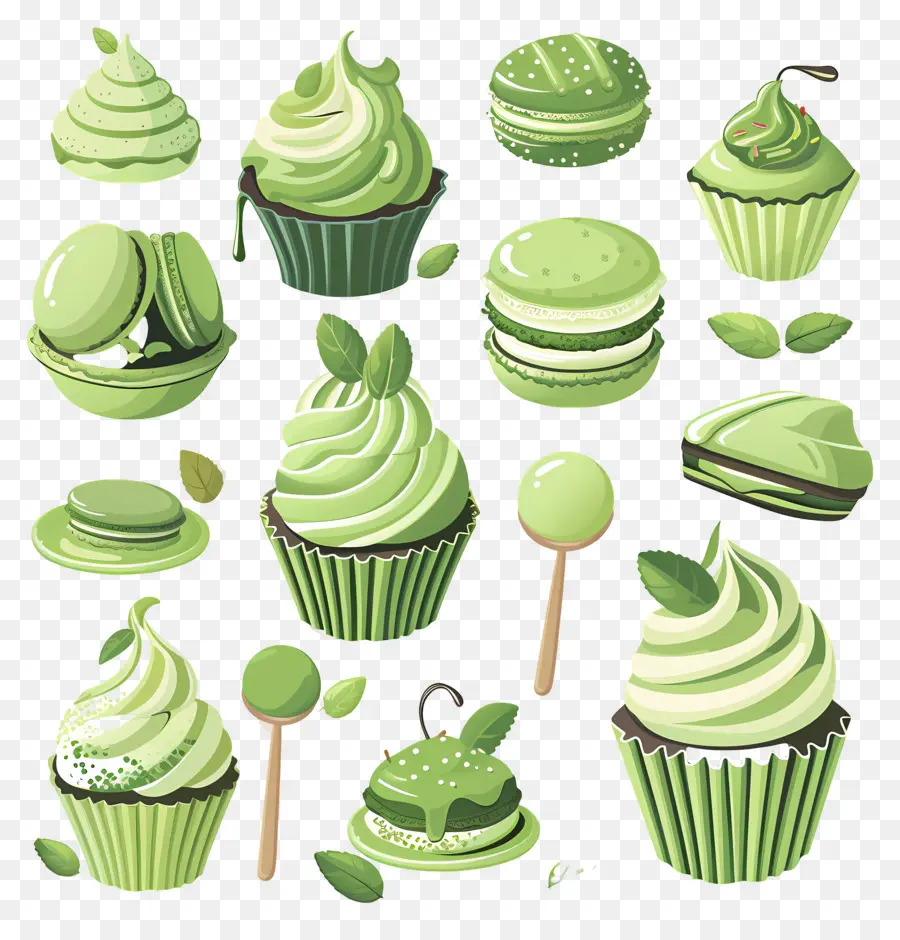 Desserts Au Matcha，Cupcakes Et Macarons Verts PNG