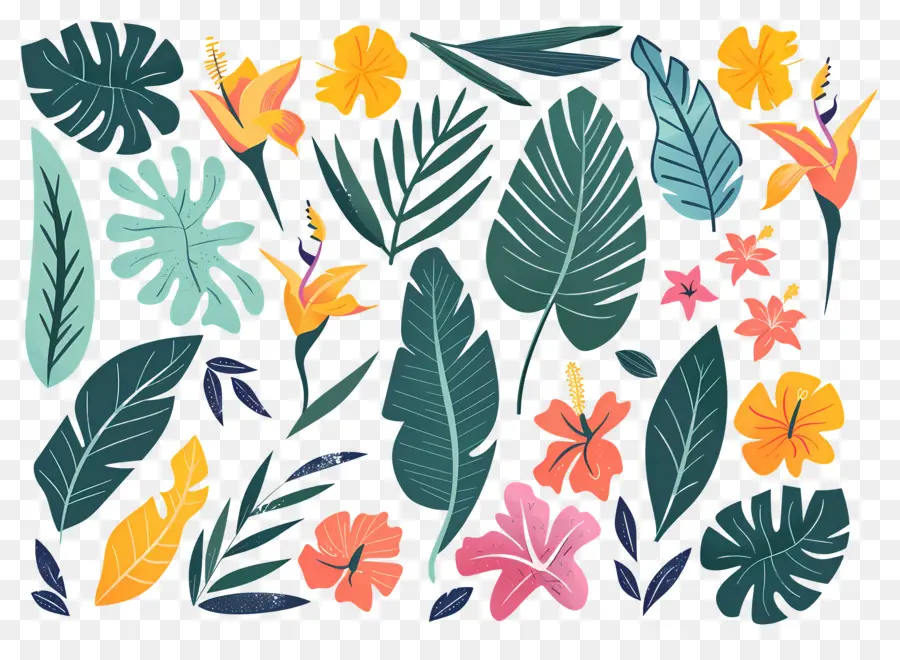 Fleurs Tropicales，Feuilles Et Fleurs Tropicales PNG