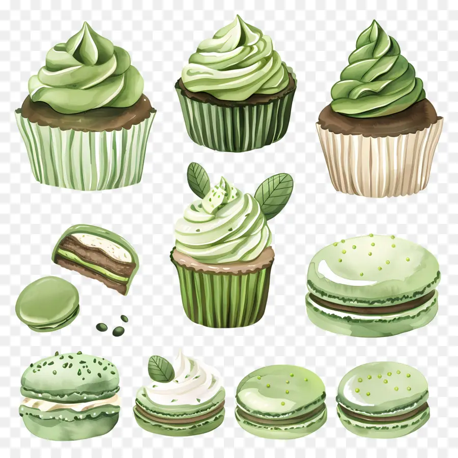 Desserts Au Matcha，Cupcakes Et Macarons Verts PNG