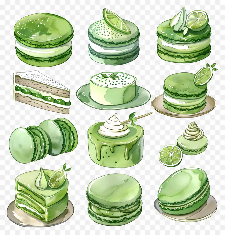 Desserts Au Matcha，Macarons Verts Et Citron Vert PNG