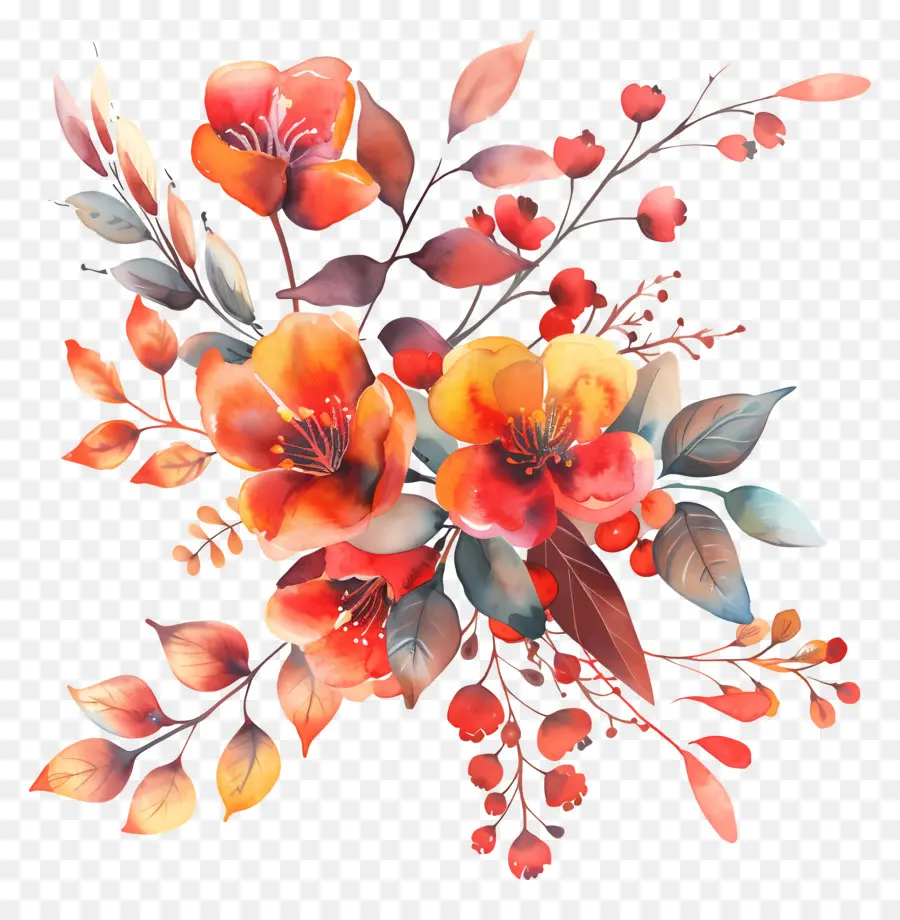 Fleurs D'automne，Fleurs Rouges Et Oranges PNG