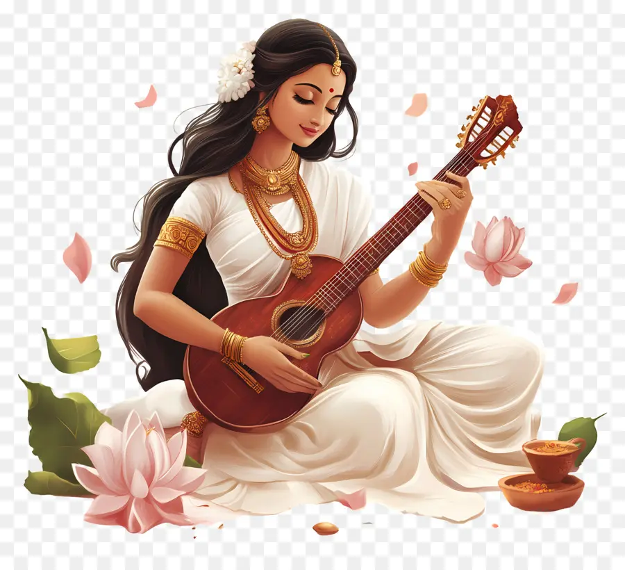 Saraswati，Femme Jouant De La Guitare PNG