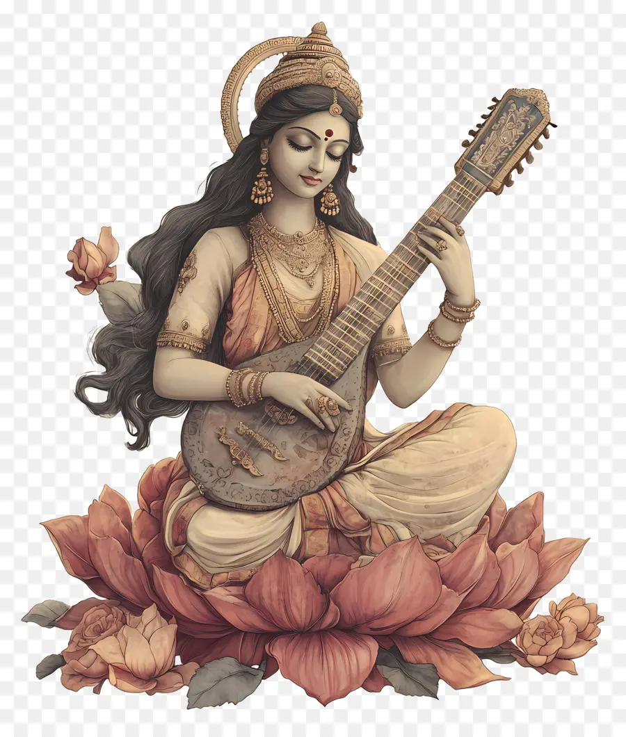 Saraswati，Déesse Avec Instrument De Musique PNG